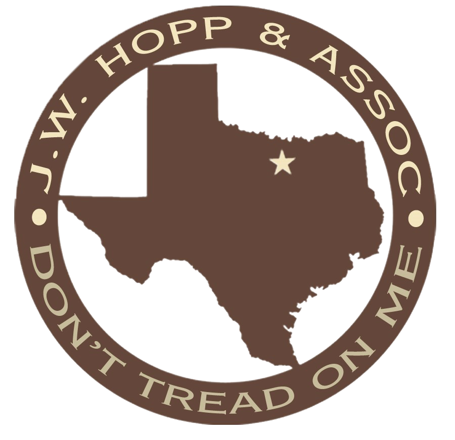 J.W. Hopp & Associates logo with Texas outline and star centered and north with slogan "Don't Tread on Me" 
