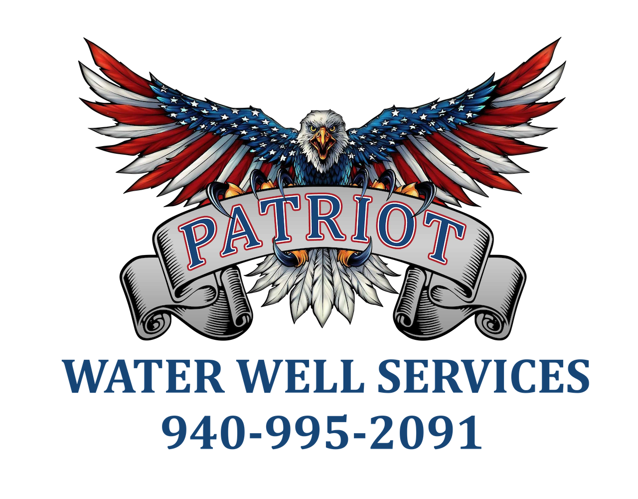 Patriot Water Well Services logo with American eagle colored with flag colors and carrying a banner with "Patriot" 940-995-2091